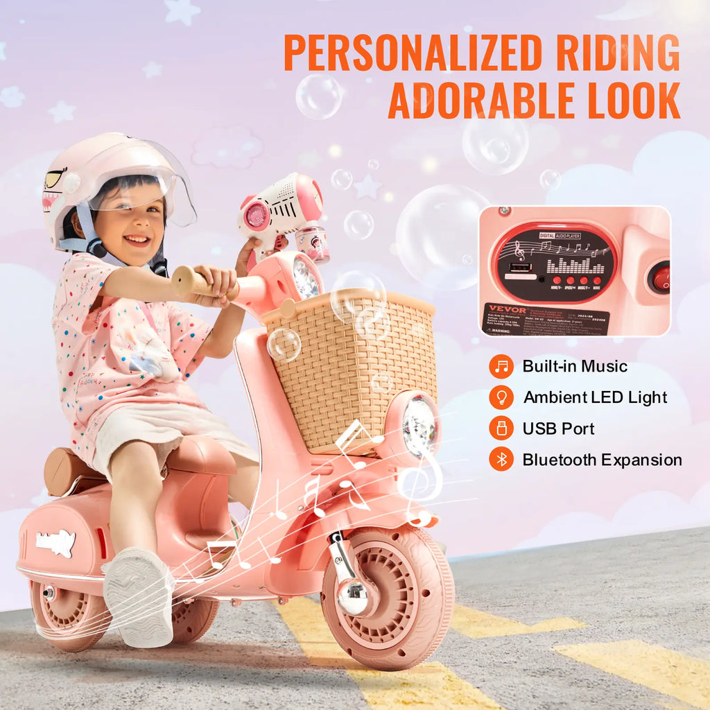 VEVOR Kids Ride on Motorcycle, 6V Battery Powered Electric Motorcycle Trike with Speed up to 2Mph, Headlight, LED Light, Music, Bluetooth, Basket, 3 Wheel Ride on Toys for Children Boys Girls Aged 3+