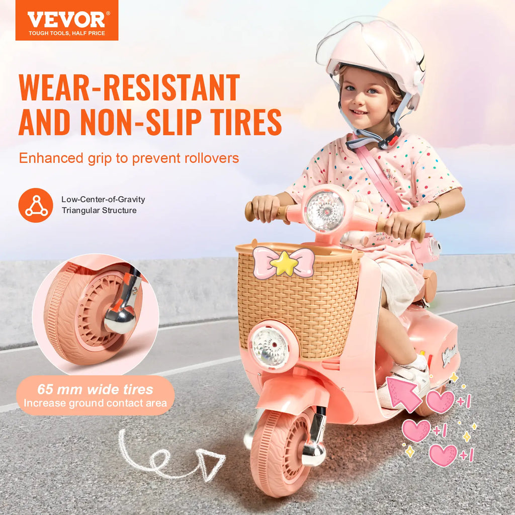 VEVOR Kids Ride on Motorcycle, 6V Battery Powered Electric Motorcycle Trike with Speed up to 2Mph, Headlight, LED Light, Music, Bluetooth, Basket, 3 Wheel Ride on Toys for Children Boys Girls Aged 3+