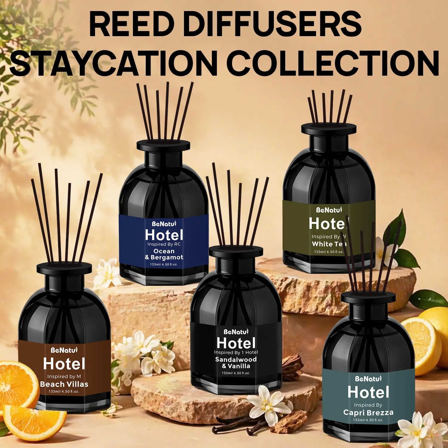 Benatu Hotel Luxury Essential Oil Inspired by Ritz-Carlton Ocean & Bergamot, My Way, Beach Villas, White Tea Reed Diffuser Oils 4.5 Fl Oz Long-Lasting Fragrance
