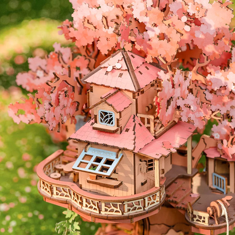 Sakura Tree House 3D Puzzles DIY Model Building Toy Wooden Craft Kits Hobby for Kids Brain Teaser Gift