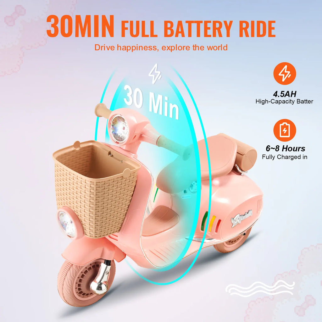 VEVOR Kids Ride on Motorcycle, 6V Battery Powered Electric Motorcycle Trike with Speed up to 2Mph, Headlight, LED Light, Music, Bluetooth, Basket, 3 Wheel Ride on Toys for Children Boys Girls Aged 3+