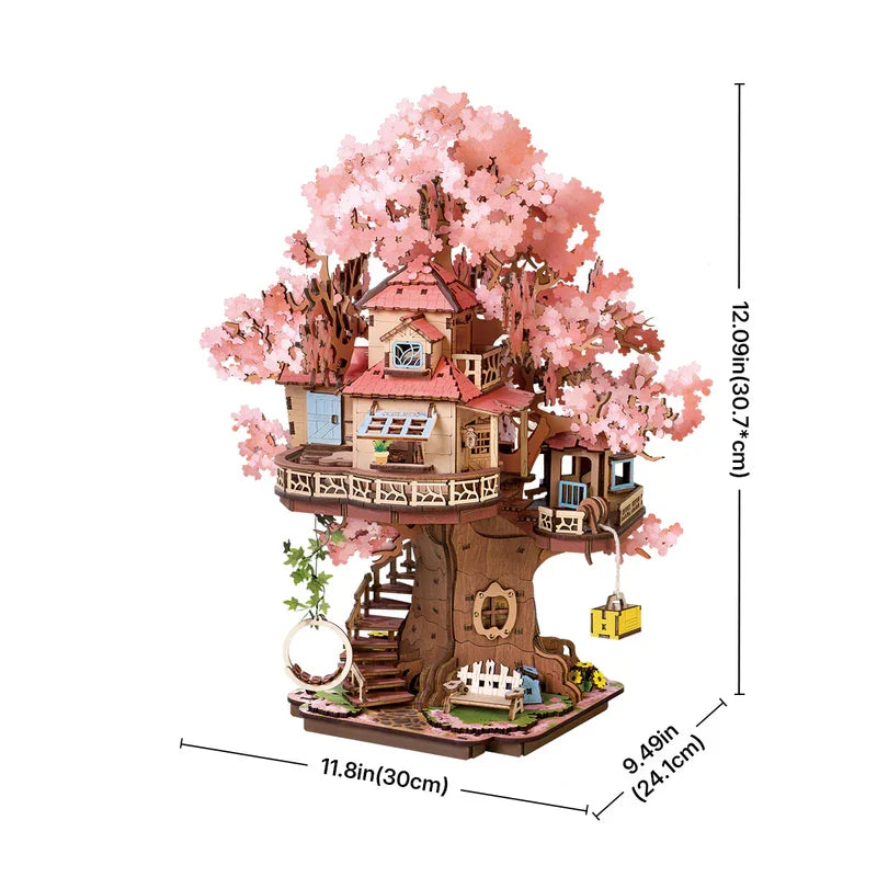 Sakura Tree House 3D Puzzles DIY Model Building Toy Wooden Craft Kits Hobby for Kids Brain Teaser Gift