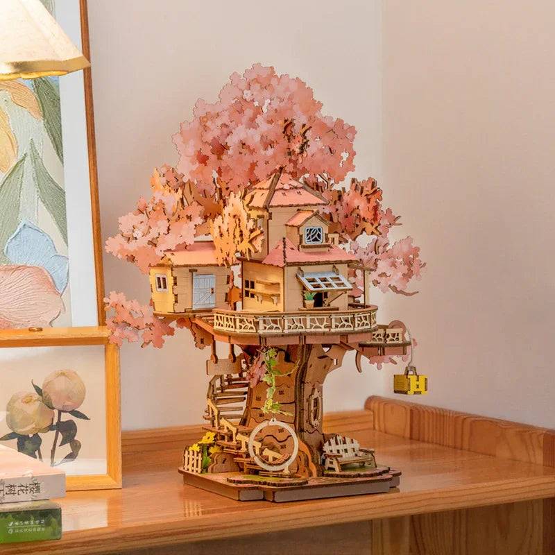 Sakura Tree House 3D Puzzles DIY Model Building Toy Wooden Craft Kits Hobby for Kids Brain Teaser Gift