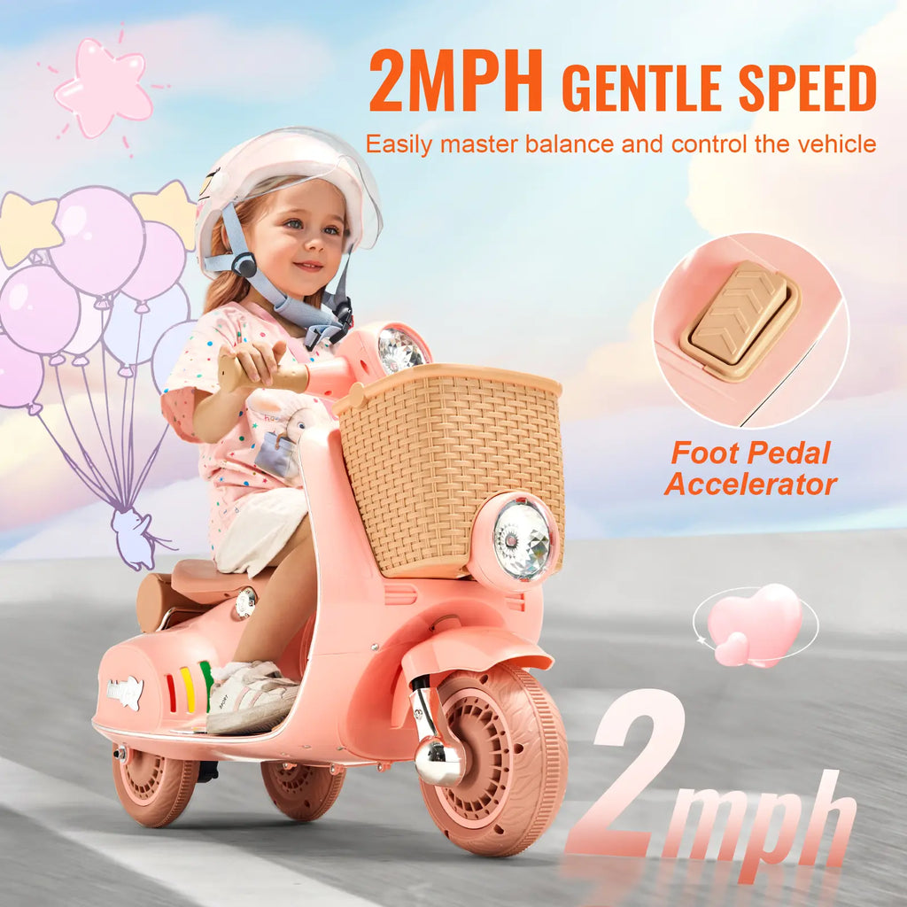 VEVOR Kids Ride on Motorcycle, 6V Battery Powered Electric Motorcycle Trike with Speed up to 2Mph, Headlight, LED Light, Music, Bluetooth, Basket, 3 Wheel Ride on Toys for Children Boys Girls Aged 3+