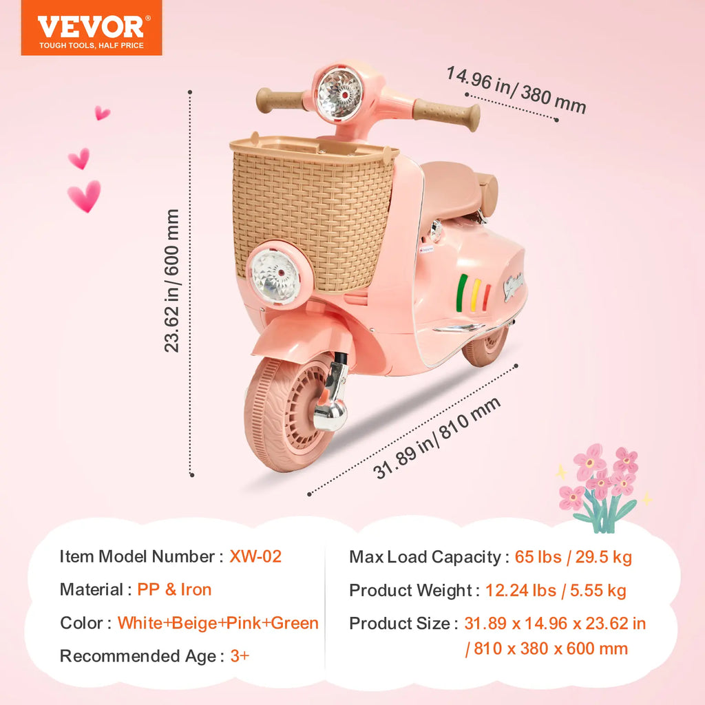 VEVOR Kids Ride on Motorcycle, 6V Battery Powered Electric Motorcycle Trike with Speed up to 2Mph, Headlight, LED Light, Music, Bluetooth, Basket, 3 Wheel Ride on Toys for Children Boys Girls Aged 3+