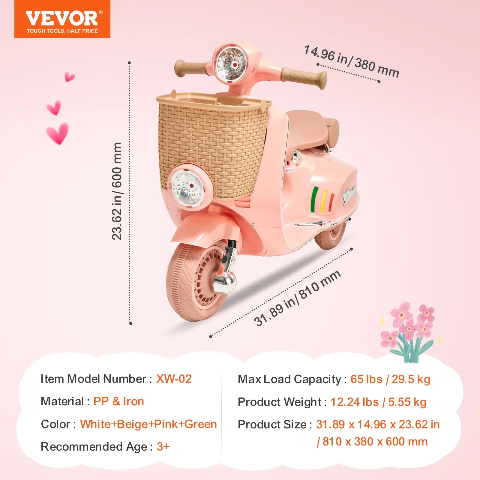 VEVOR Kids Ride on Motorcycle, 6V Battery Powered Electric Motorcycle Trike with Speed up to 2Mph, Headlight, LED Light, Music, Bluetooth, Basket, 3 Wheel Ride on Toys for Children Boys Girls Aged 3+