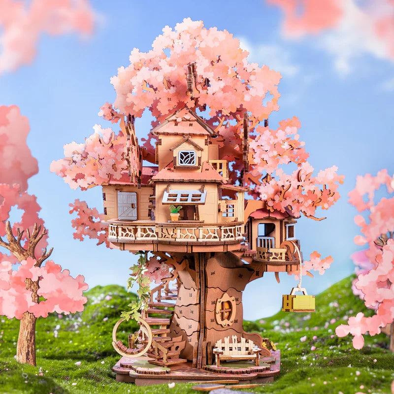 Sakura Tree House 3D Puzzles DIY Model Building Toy Wooden Craft Kits Hobby for Kids Brain Teaser Gift