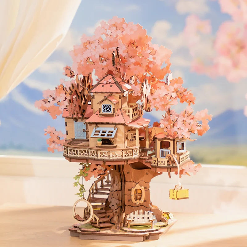 Sakura Tree House 3D Puzzles DIY Model Building Toy Wooden Craft Kits Hobby for Kids Brain Teaser Gift